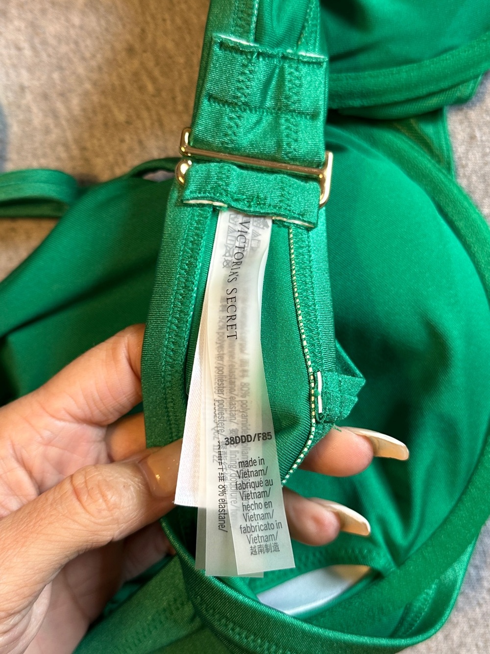Victoria's Secret Tie-Shoulder Underwire Bikini Top, Emerald Metallic, Sz 38DDD - Picture 6 of 10